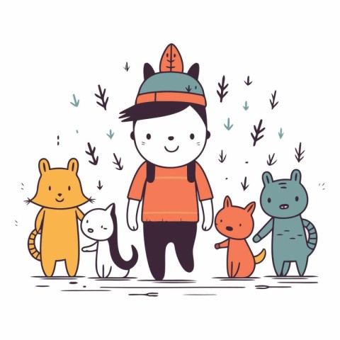 Vector illustration of a boy in a hat with a cat and dog