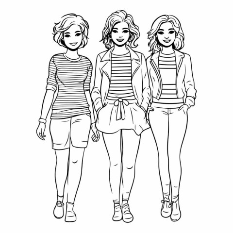 Beautiful young women in casual clothes in hand drawn style.