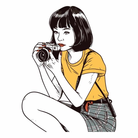 Beautiful woman with a camera in sketch style.