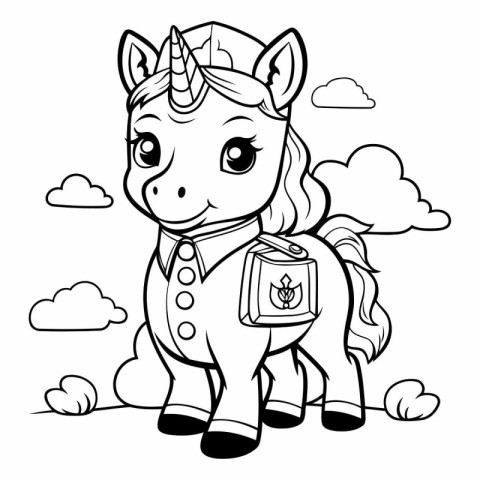 Black and White Cartoon Illustration of Unicorn Animal Character