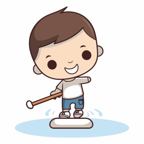 Cute Little Boy Playing Baseball - Colorful Cartoon Vector Illus