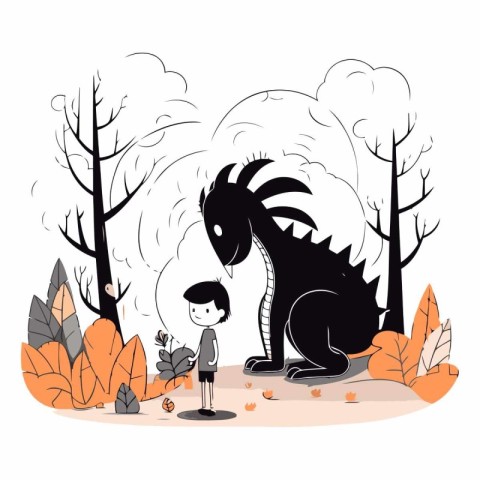 Vector illustration of a boy and a dragon in the forest. Flat st