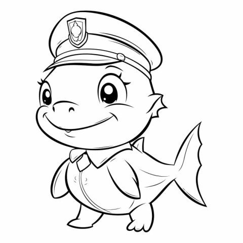 Black and White Cartoon Illustration of Cute Fish Police Officer