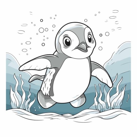 Cute penguin in the ocean. Coloring book for children