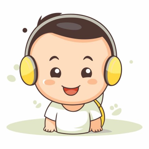 Cute baby boy listening to music with headphones.