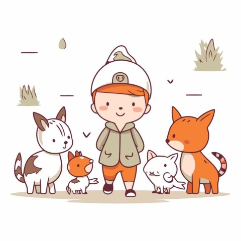 Cute little boy in astronaut costume with foxes