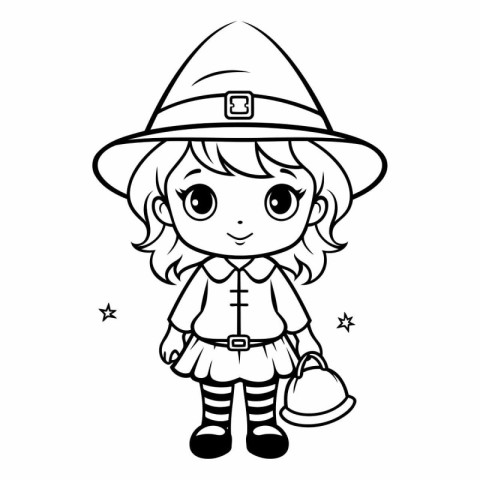 Coloring book for children: Cute girl in costume of witch