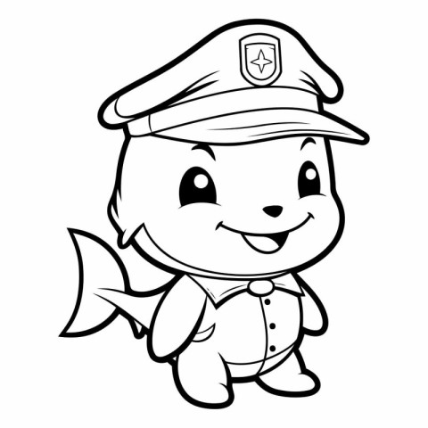 Black and White Cartoon Illustration of Cute Fish Policeman Char