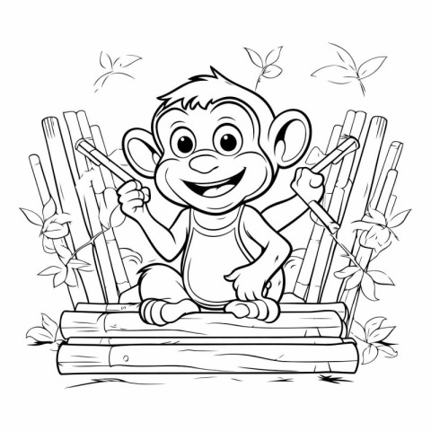 Monkey sitting on bamboo raft for coloring book.