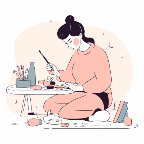 Young woman painting her nails in flat cartoon style.