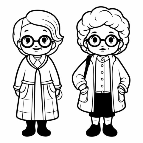 Grandmother and grandson. Black and white vector illustration fo