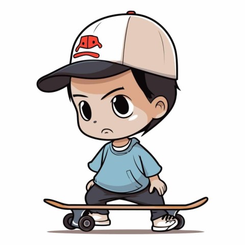 Illustration of a boy in a cap riding a skateboard.