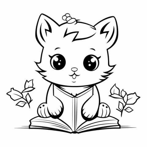 Black and White Cartoon Illustration of Cute Cat Reading a Book