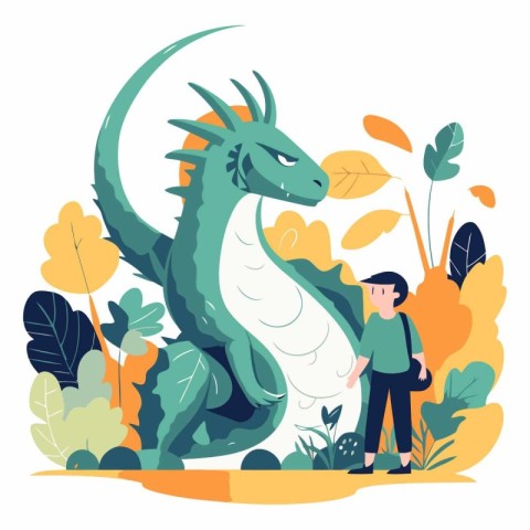 Boy with a backpack standing next to a dragon.