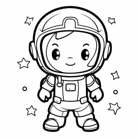 Black And White Cartoon Illustration of Cute Astronaut Character