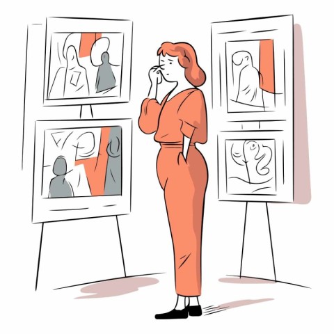 Woman looking at paintings in art gallery in cartoon style.