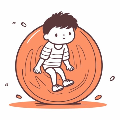 Cute little boy sitting on a coin in cartoon style.