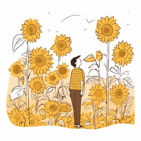 Vector illustration of a woman in a field of sunflowers.