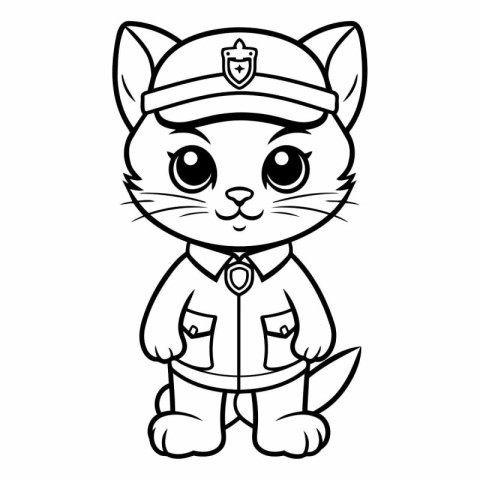 Black and White Cartoon Illustration of Cat Police Officer Chara