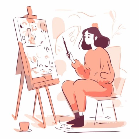 Female artist drawing picture on easel in cartoon style