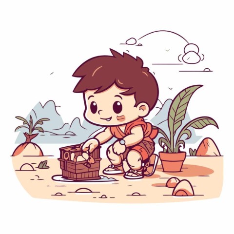 Cute little boy digging a hole in the sand.