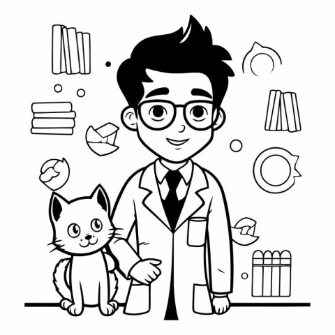 Black and white vector illustration of a doctor with a cat and g