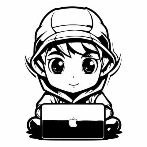 Cute Cartoon Boy with Laptop - Black and White Vector Illustrati