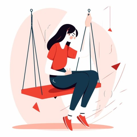 Young woman sitting on a swing in a flat style