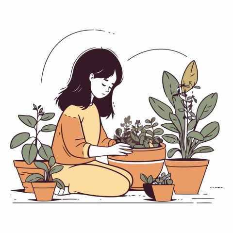 Young woman planting houseplants in sketch style.