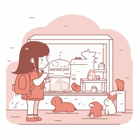 Vector illustration of a little girl in a room with a pet.