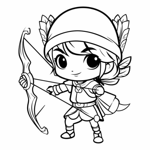 Cute cartoon girl with bow and arrow for coloring book.