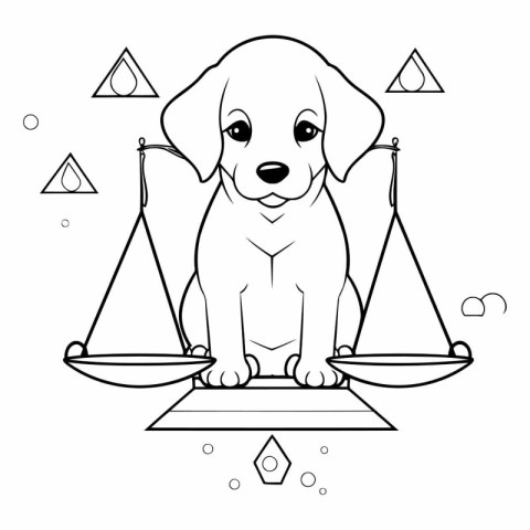 Labrador puppy sitting on scales. Black and white vector illustr