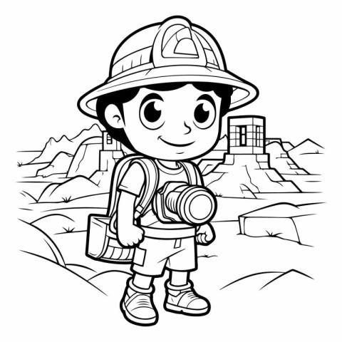 Black and White Cartoon Illustration of Kid Boy Traveler or Expl