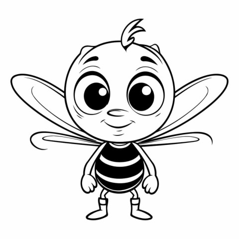 Black and White Cartoon Illustration of Cute Bee Mascot Characte