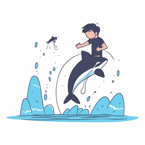 Man jumping out of the water with a shark.