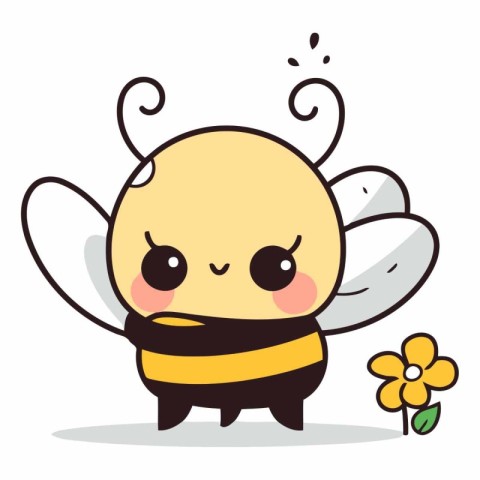 Cute cartoon bee with flower on white background.