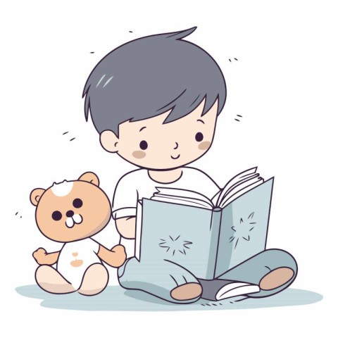 Boy reading a book with teddy bear of a boy reading a book.