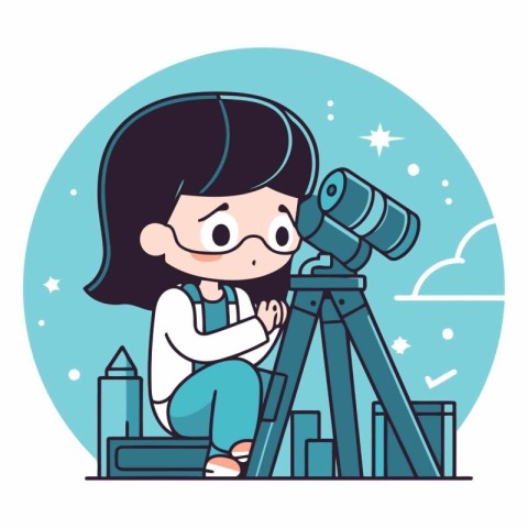 Cute little girl looking through a telescope. Vector cartoon ill