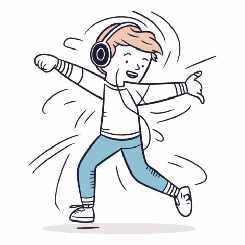 Cartoon boy in headphones dancing and listening to music.