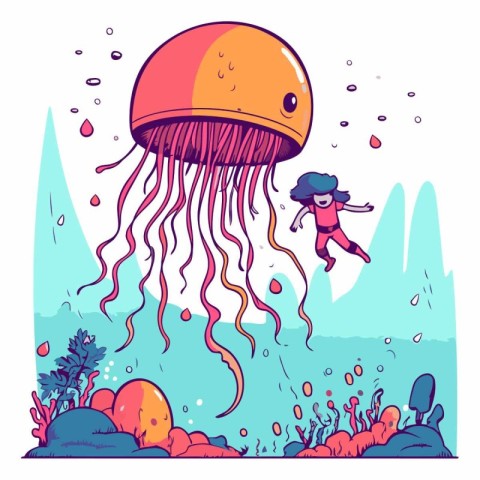 Cartoon jellyfish swimming in the sea for children.