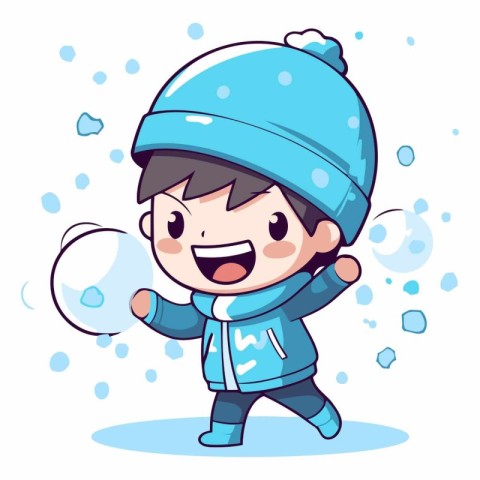 Cute cartoon boy in winter clothes with snow.