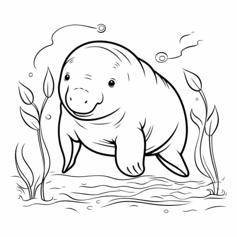 Cute hippopotamus in the swamp. Coloring book for children.