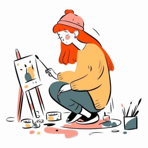 Female artist drawing a picture on canvas in cartoon style.