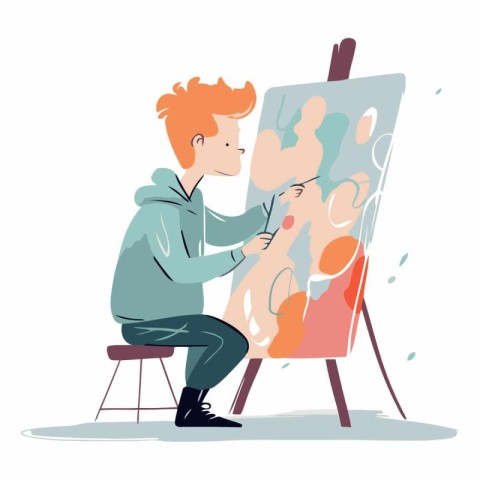 Young man drawing picture on easel in flat style