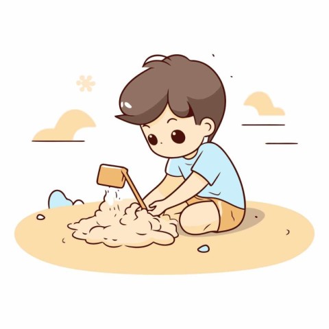 Boy playing with sand on the beach in cartoon style.