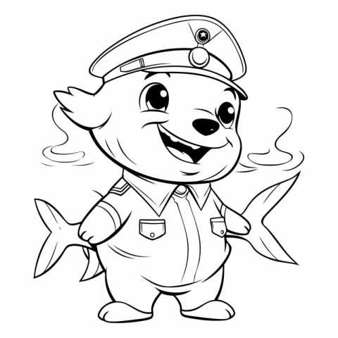 Black and White Cartoon Illustration of Cute Fish Captain Charac