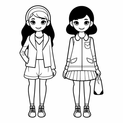 cute little girls friends cartoon vector illustration graphic de