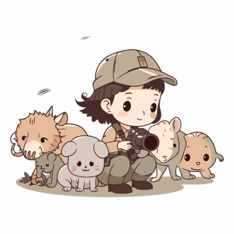 Illustration of a Little Boy Sitting with a Group of Wild Animal