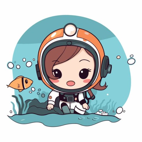 Cute cartoon little girl wearing astronaut costume while diving