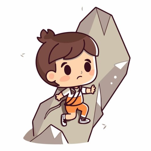 Little boy climbing up the rock on white background.